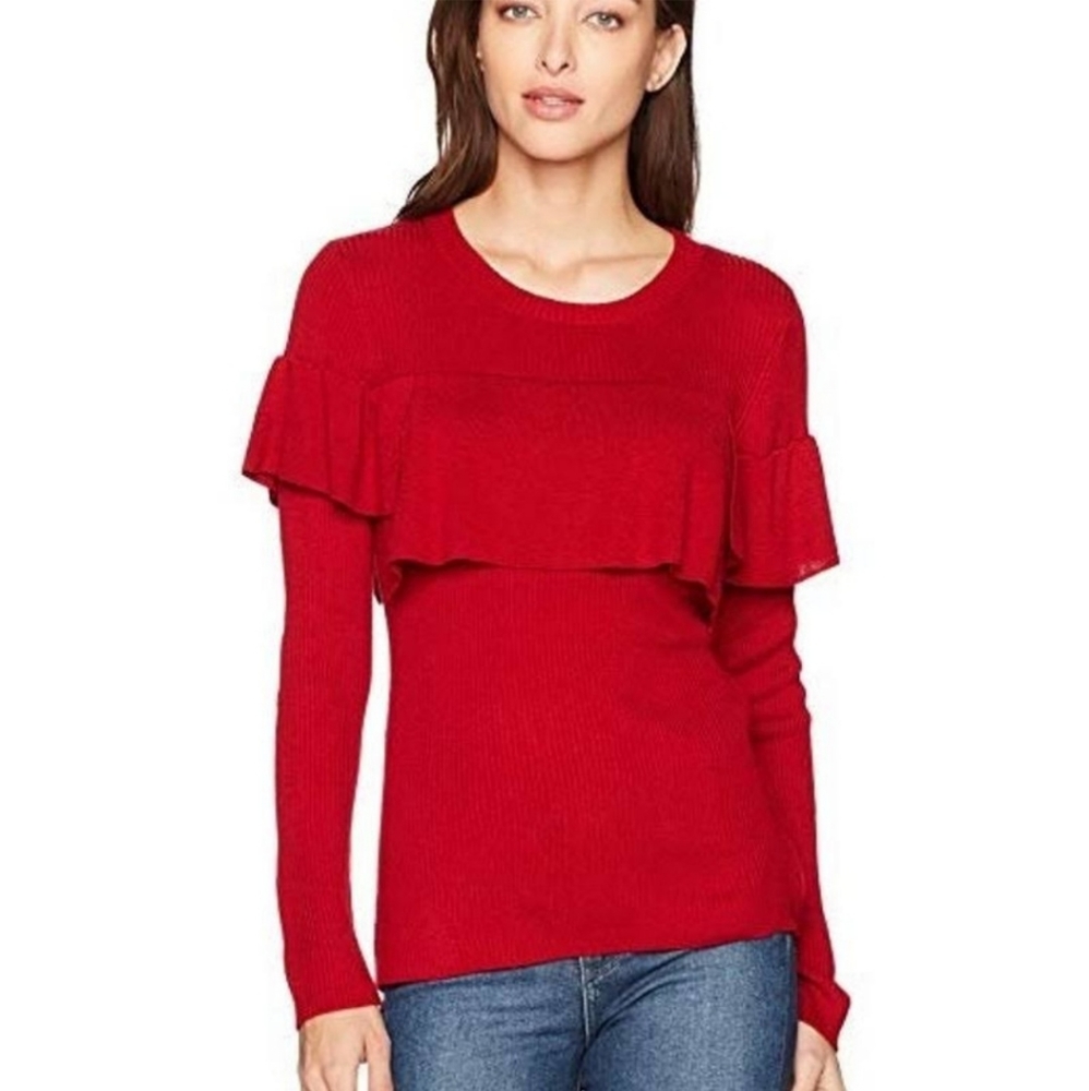 Kensie Sweater XL Red Ruffle Long Sleeve Knit Ribbed Flounce Crew Womens New